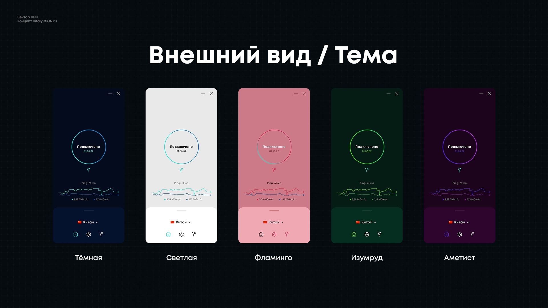 8 «Цветовые темы интерфейса Вектор VPN — тёмная, светлая, Фламинго, Изумруд, Аметист»